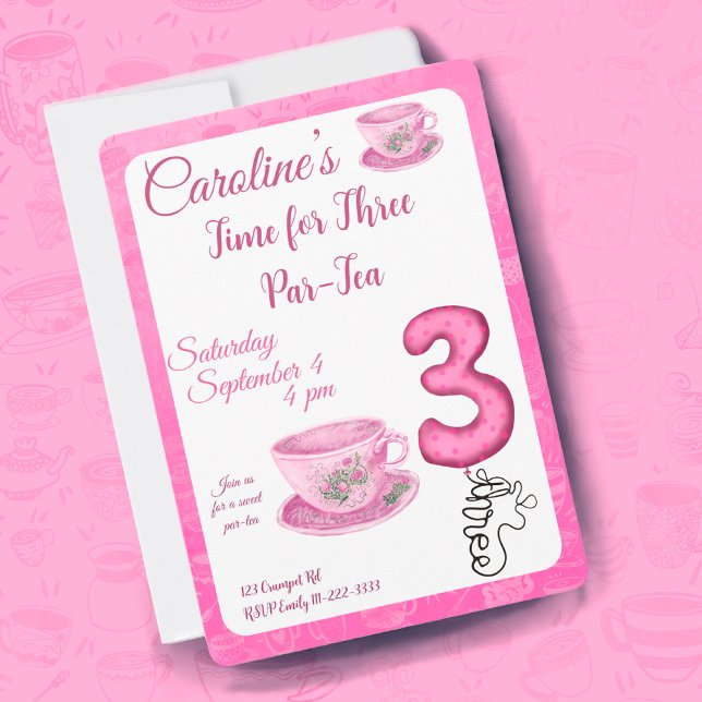 Convite Time for Three Par-tea 3rd Birthday Invitation (Criador carregado)