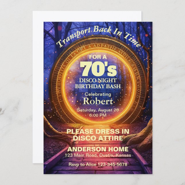 Convite Time Portal 70s Disco Night Birthday Party (Frente/Verso)
