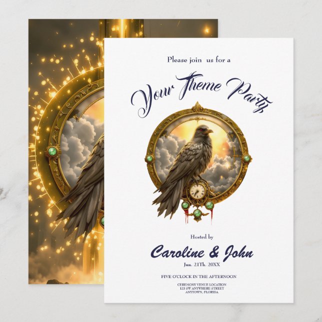 Convite Timekeeper Raven – Gothic Clockwork  (Frente/Verso)