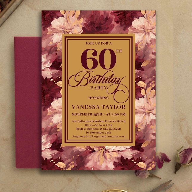 Convite Timeless 60th Birthday Burgundy Gold Floral Invite (Timeless 60th Birthday Burgundy Gold Floral Invitation)
