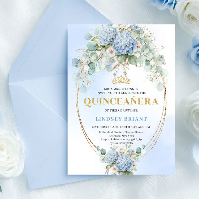 Convite Timeless Blue Floral Gold Quinceañera Invitation (Timeless Blue Floral Gold Quinceañera Invitation)