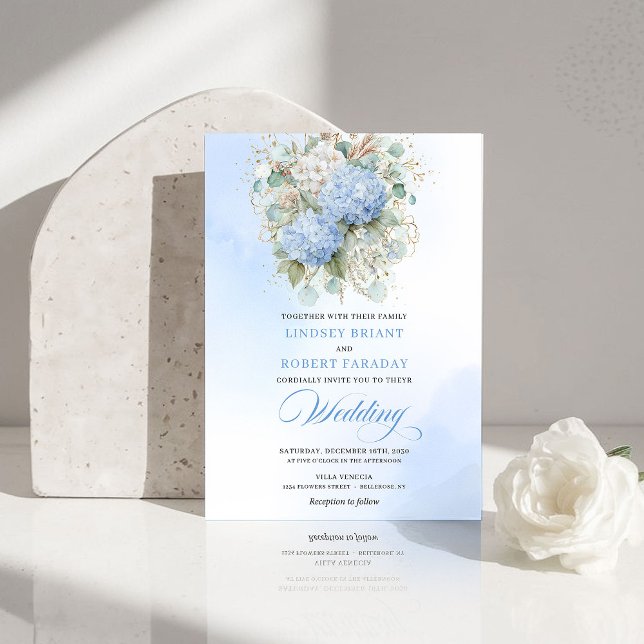 Convite Timeless Blue Hydrangea Gold Floral Wedding Invite (Timeless Blue Hydrangea Gold Floral Wedding Invitation)