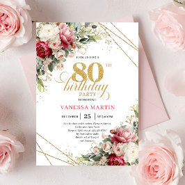 Convite Timeless Blush Burgundy Greenery 80th Invite