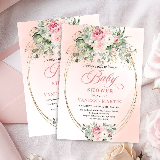Convite Timeless Blush Floral Gold Girl Baby Shower Invite (Timeless Blush Floral Gold Girl Baby Shower Invite)