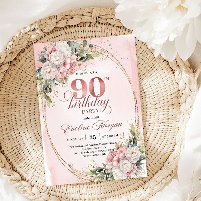 Convite Timeless Blush Gold Floral Eucalyptus 90 Birthday (Timeless Blush Gold Floral Eucalyptus 90th Birthday Invite)