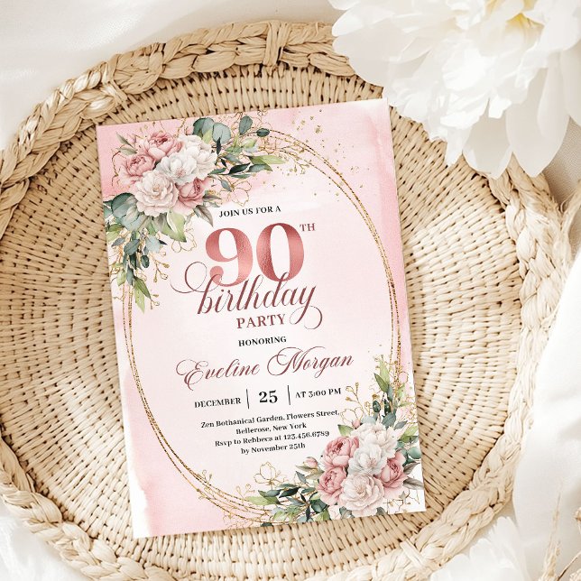Convite Timeless Blush Rosa Dourado Folhagem 90º Aniversár (Timeless Blush Pink Gold Greenery 90th Birthday Invite)