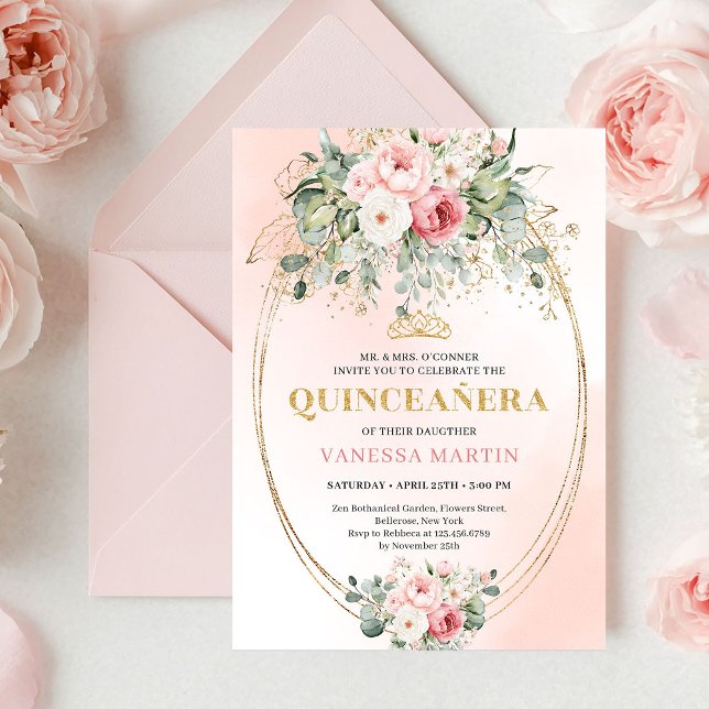 Convite Timeless Blush Roses Eucalyptus Quinceañera Invite (Timeless Blush Roses Eucalyptus Quinceañera Invitation)