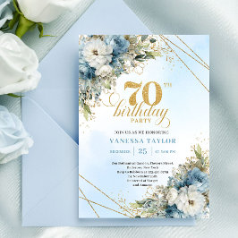 Convite Timeless bohemian blue florals gold 70th birthday 