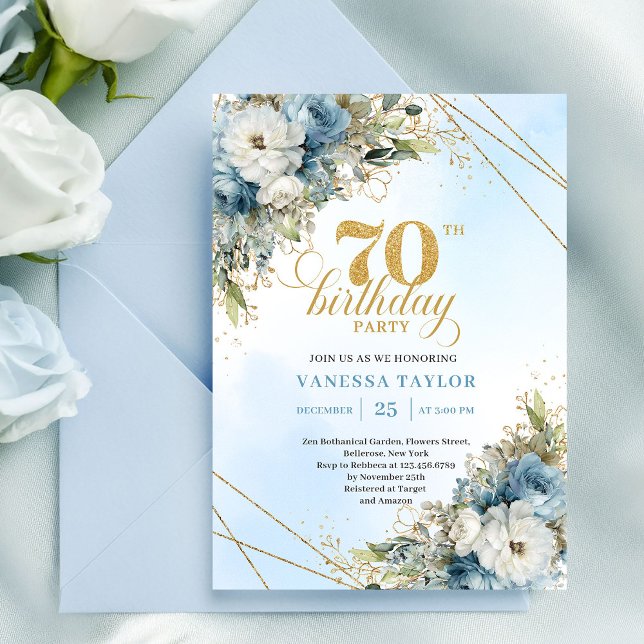 Convite Timeless bohemian blue florals gold 70th birthday  (Timeless bohemian blue florals gold 70th birthday invite

)