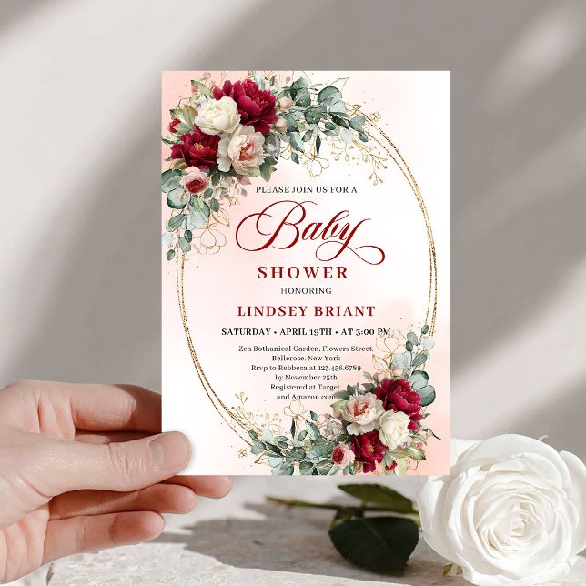 Convite Timeless Bohemian Burgundy Floral Gold Baby Shower (Timeless Bohemian Burgundy Floral Baby Shower Invite)