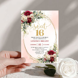 Convite Timeless Boho Burgundy Gold Floral Sweet Sixteen 