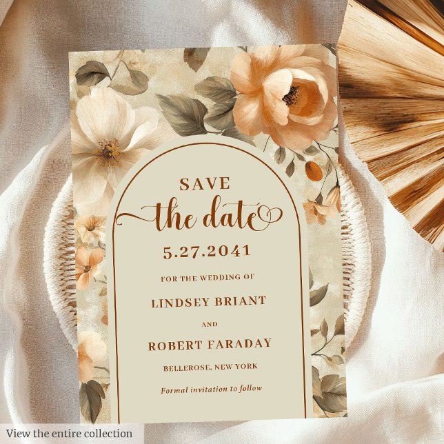 Convite Timeless Boho Copper Beige Floral Save The Date (Timeless Boho Copper Beige Floral Save The Date)
