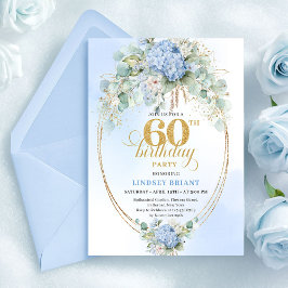Convite Timeless Boho Dusty Blue Flowers Gold 60 Birthday