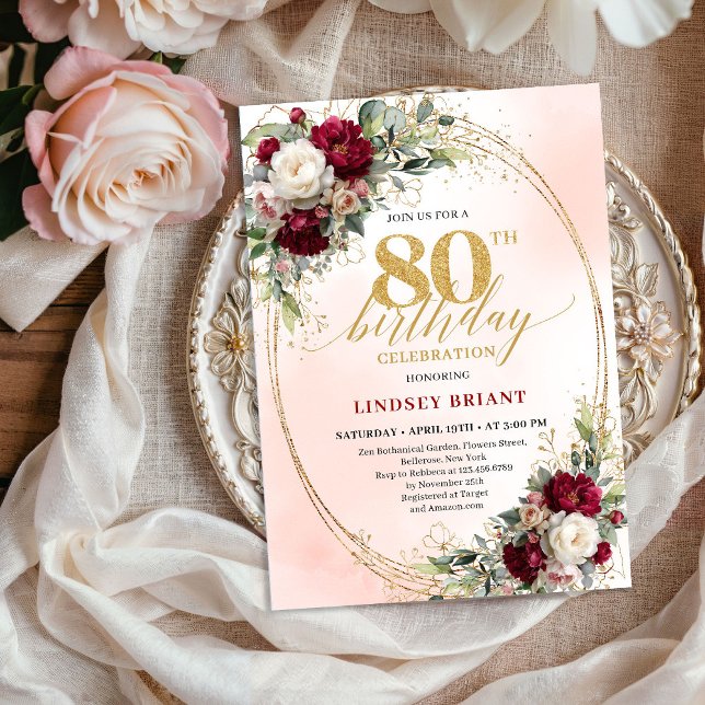 Convite Timeless Burgundy Boho Floral 80th Birthday Invite (Timeless Burgundy Boho Floral 80th Birthday Invite)
