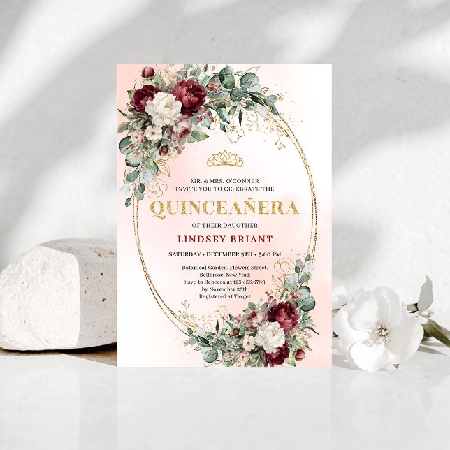 Convite Timeless Burgundy Floral Quinceañera Invitation (Timeless Burgundy Floral Quinceañera Invitation)