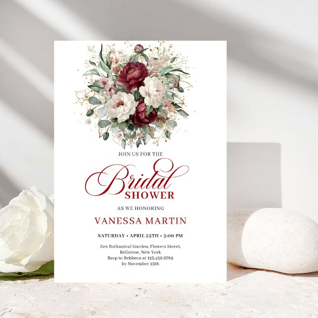 Convite Timeless Burgundy Flowers Bridal Shower Invitation (Timeless Burgundy Flowers Bridal Shower Invitation)
