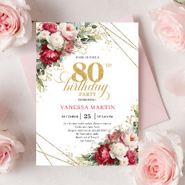 Convite Timeless Burgundy Red Gold 80th Birthday Invite