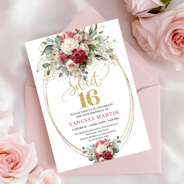 Convite Timeless Burgundy White Greenery Sweet Sixteen  (Timeless Burgundy White Greenery Sweet Sixteen Invite)