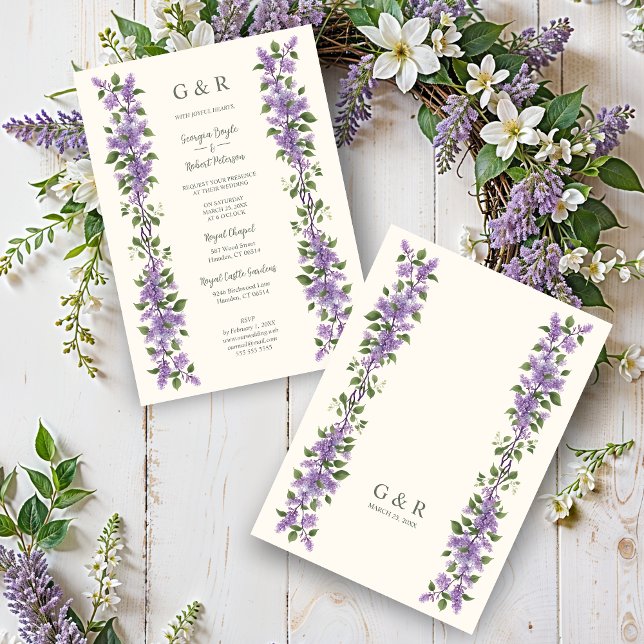 Convite Timeless Classic Lilac Flowers Branches Wedding (Chic Timeless Classic Lilac Flowers Branches Wedding Invitations Cards with Initials. )