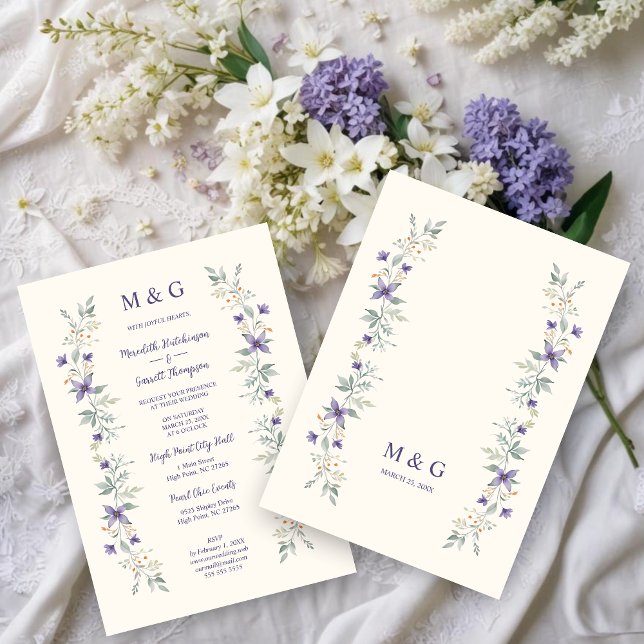 Convite Timeless Classic Purple Flowers Branches Wedding (Timeless Classic Purple Flowers & Branches Garlands Wedding Invitations Cards with Initials. )