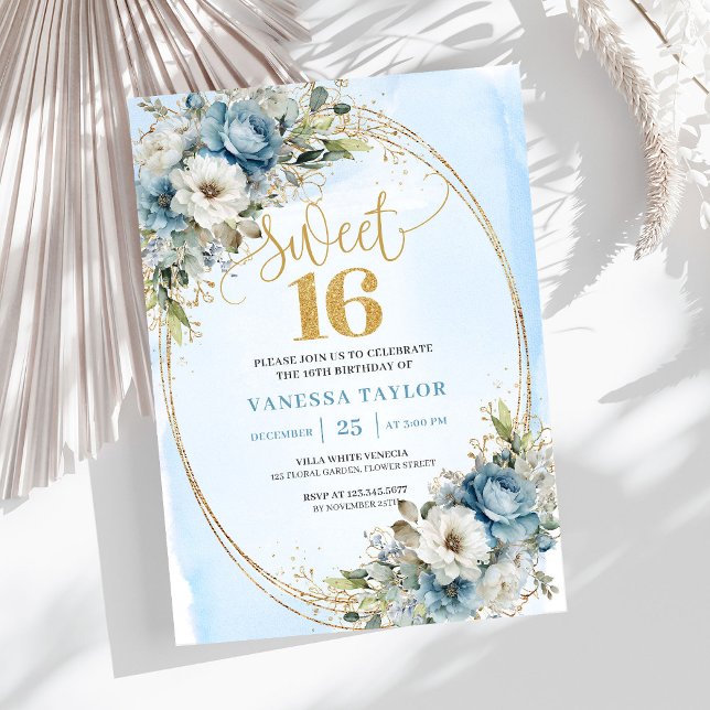 Convite Timeless Dusty Blue Floral Gold Sweet Sixteen  (Timeless Dusty Blue Floral Gold Sweet Sixteen Invite)