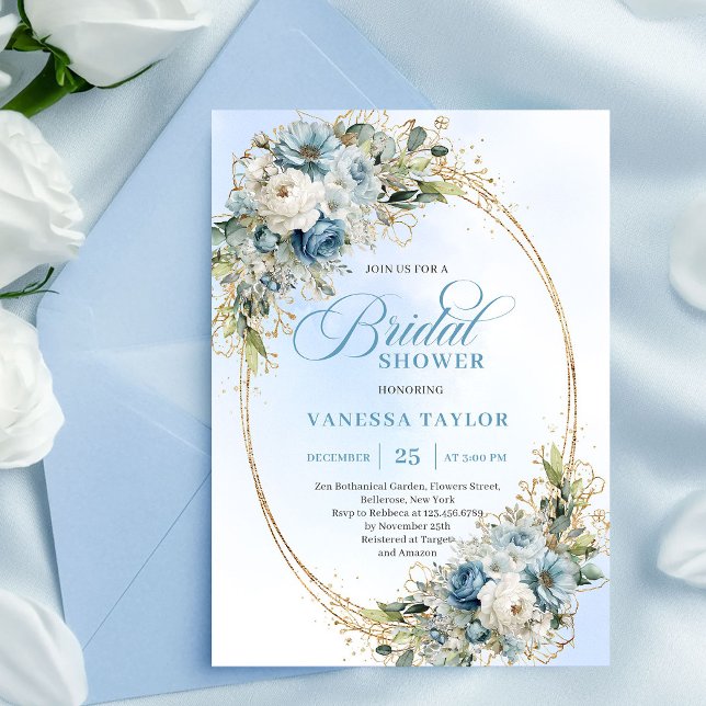 Convite Timeless Dusty Blue Floral Script Bridal Shower  (Timeless Dusty Blue Floral Script Bridal Shower Invitation)