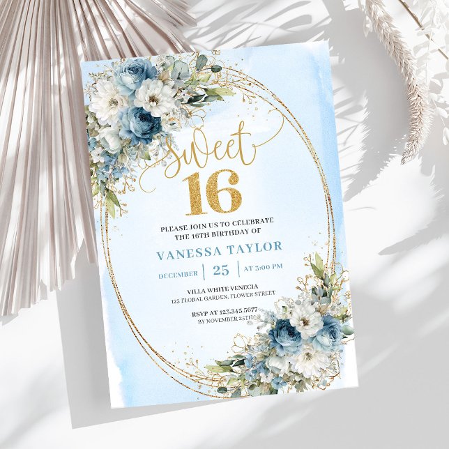 Convite Timeless Dusty Blue Floral Sweet 16th Birthday  (Timeless Dusty Blue Floral Sweet 16th Birthday Invite)