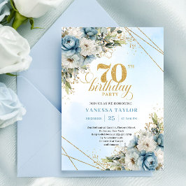 Convite Timeless dusty blue florals gold frame 70 birthday