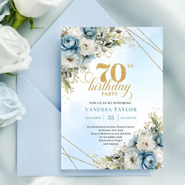 Convite Timeless dusty blue florals gold frame 70 birthday (Timeless dusty blue florals gold frame 70th birthday

)