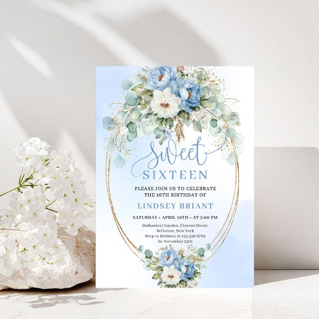 Convite Timeless Dusty Blue Peony Gold Sweet 16 Birthday  (Timeless Dusty Blue Peony Gold Sweet 16 Birthday Invite)
