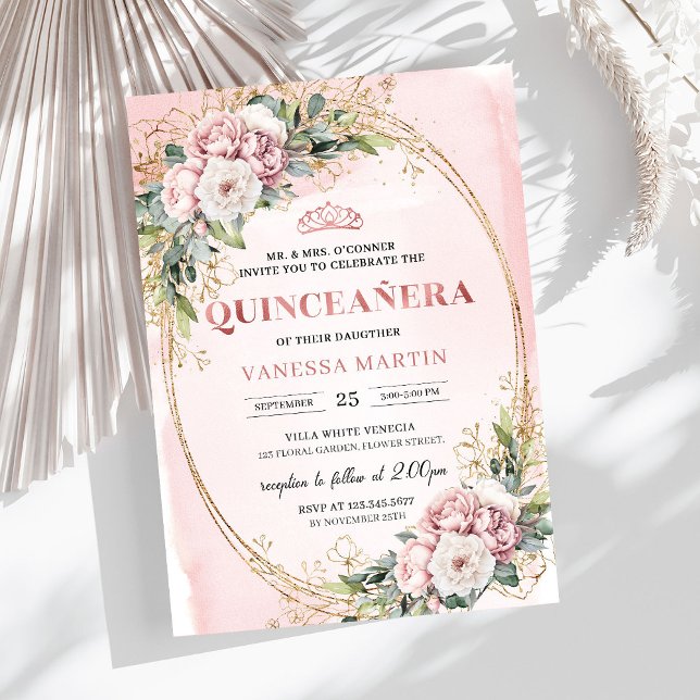 Convite Timeless Dusty Pink Floral Greenery Quinceañera  (Timeless Dusty Pink Floral Greenery Quinceañera Invitation

)