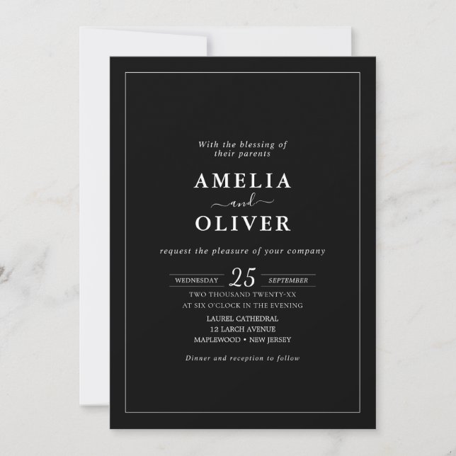 Convite Timeless Elegant Black & White Minimalist Wedding (Frente)