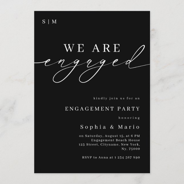 Convite Timeless Elegant Monogram Black Engagement Party (Frente)