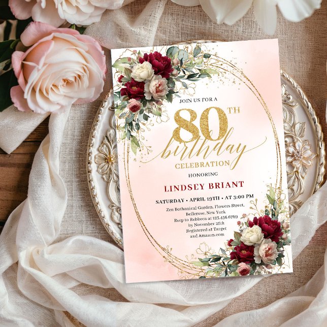 Convite Timeless Floral Gold 80th Birthday Celebration  (Timeless Floral Gold 80th Birthday Celebration Invite)