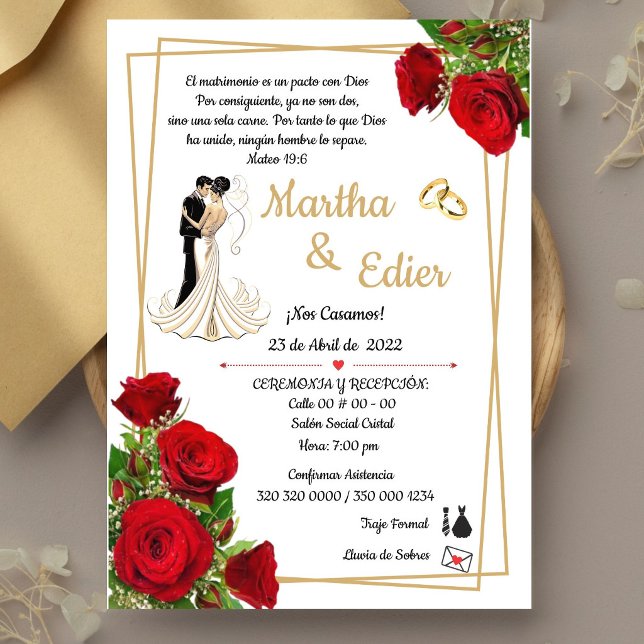 Convite Timeless Love Red Elegance Wedding Invitation  (Classic Red Roses & Gold Religious Wedding Invite. Elegant, traditional and fully customizable)
