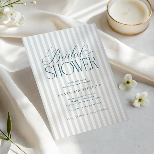 Convite Timeless Luxe Script Blue Stripes Bridal Shower (Criador carregado)