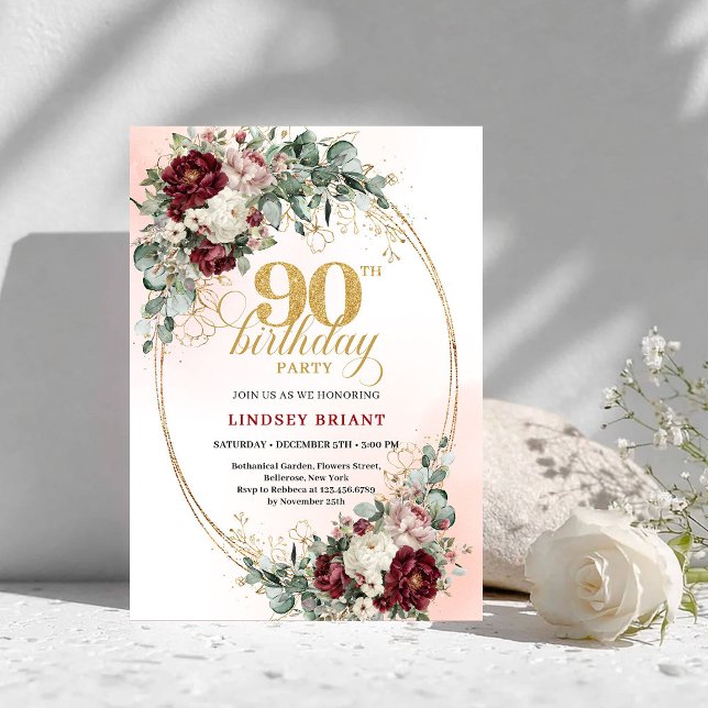 Convite Timeless Maroon Floral Eucalyptus 90th Birthday  (Timeless Maroon Floral Eucalyptus 90th Birthday Invite)