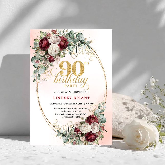 Convite Timeless Maroon Peonies Eucalyptus 90th Birthday (Timeless Maroon Peonies Eucalyptus 90th Birthday)