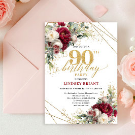 Convite Timeless Marsala Floral Gold 90th Birthday Invite