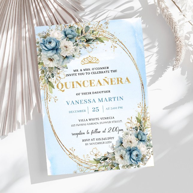 Convite Timeless Pastel Blue Gold Eucalyptus Quince Invite (Timeless Pastel Blue Gold Eucalyptus Quince Invitation)