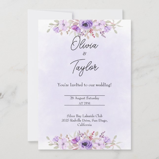 Convite Timeless Purple Minimalist Floral Wedding  (Frente)