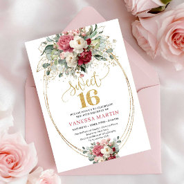 Convite Timeless Red Burgundy Gold Floral Sweet 16 Invite