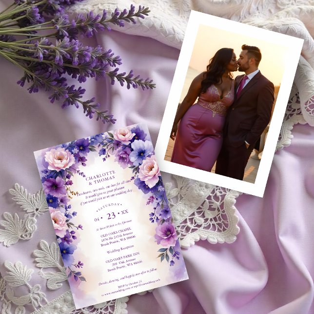 Convite Timeless Romantic Purple Shades Flowers Arch Photo (Timeless Romantic Purple Shades Flowers & Branches Arch with Photo in the Back Wedding Invitations)