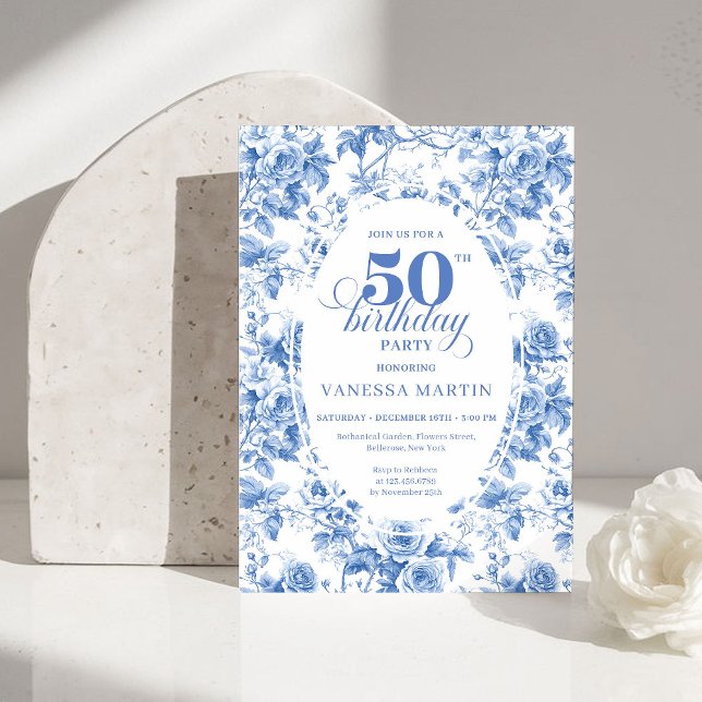Convite Timeless Royal Blue Toile de Jouy 50th Birthday  (Timeless Royal Blue Toile de Jouy 50th Birthday Invite)