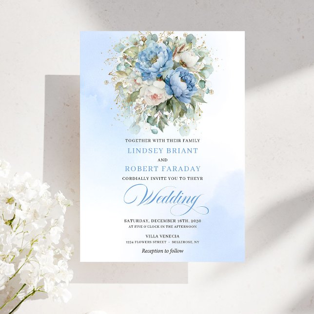 Convite Timeless Rustic Pastel Blue Peony Gold Wedding (Timeless Rustic Pastel Blue Peony Gold Wedding Invitation)