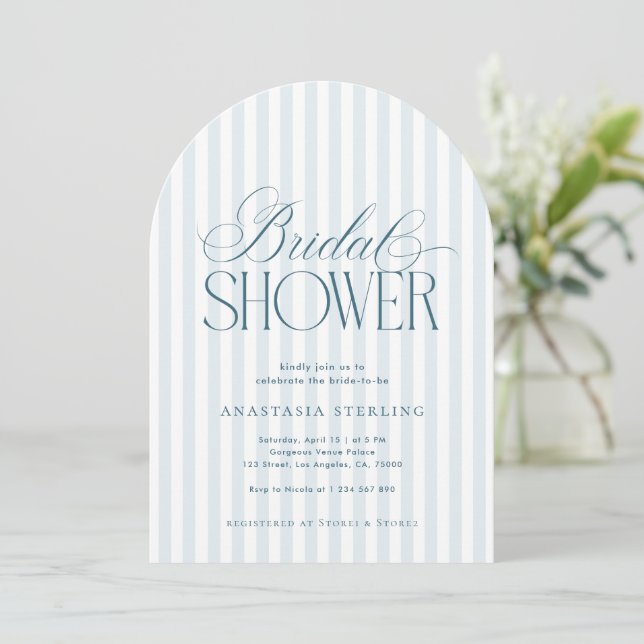Convite Timeless Script Blue Stripes Arched Bridal Shower (Em pé/Frente)