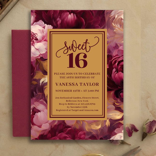 Convite Timeless Sweet 16 Burgundy Roses Gold Invitation (Timeless Sweet 16 Burgundy Roses Gold Invitation)
