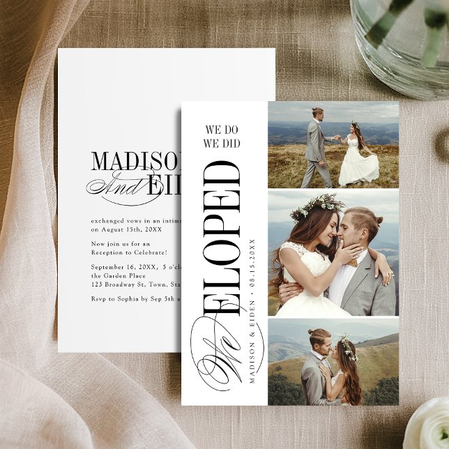 Convite Timeless Typography 3 photo We Eloped Reception (Timeless Typography 3 photo We Eloped Reception Invitation)