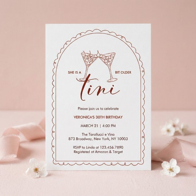 Convite Tini Bit Older Cherry Martini Birthday Party (A Tini Bit Older Cherry Martini Arch • Terracotta Line Art birthday party)