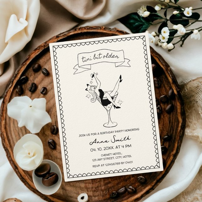 Convite Tini Bit Older Cocktail Mão Desenhada Única Aniver (Tini Bit Older Dirty Thirty Martini Hand Drawn Chic Aesthetic Modern Birthday Invitation)